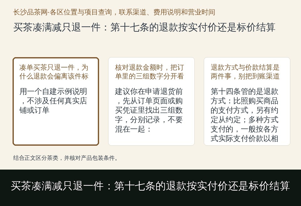 买茶凑满减只退一件：第十七条的退款按实付价还是标价结算的知识要点示意图